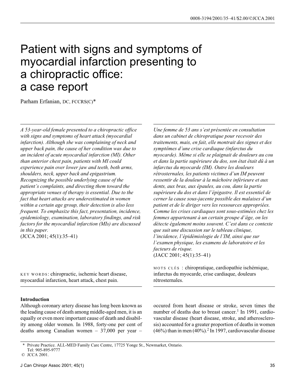 Patient with Signs and Symptoms of Myocardial Infarction Presenting to a Chiropractic Office: a Case Report