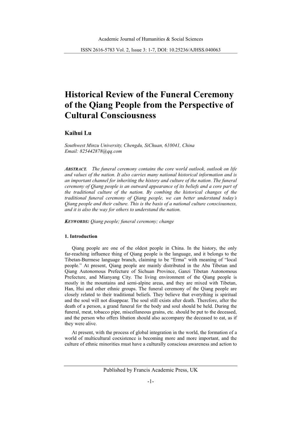 Historical Review of the Funeral Ceremony of the Qiang People from the Perspective of Cultural Consciousness