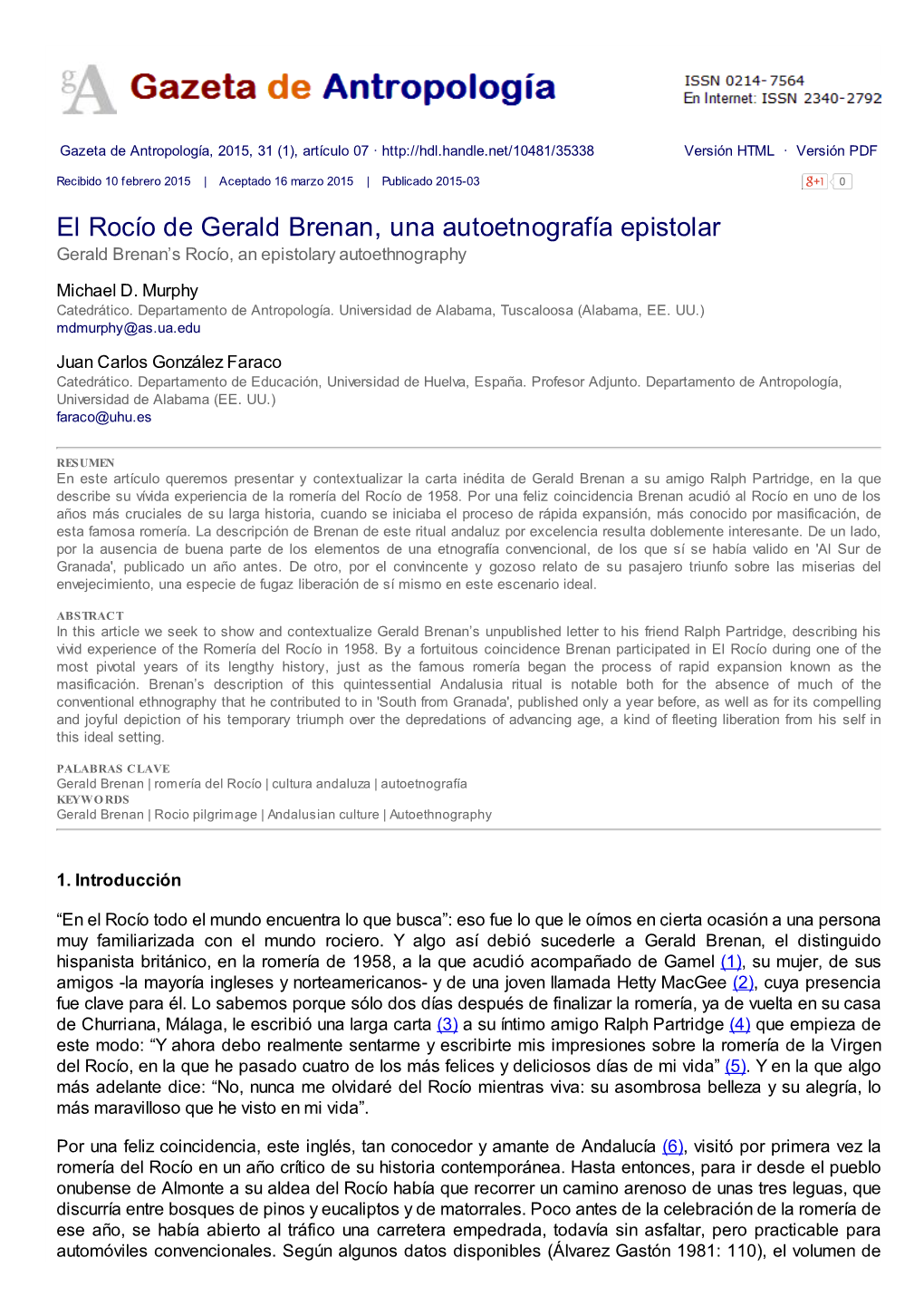 El Rocío De Gerald Brenan, Una Autoetnografía Epistolar Gerald Brenan’S Rocío, an Epistolary Autoethnography