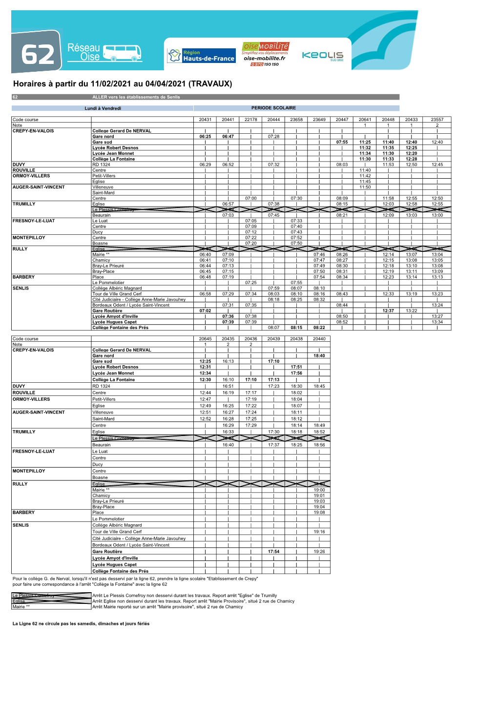 Horaires À Partir Du 11/02/2021 Au 04/04/2021 (TRAVAUX)