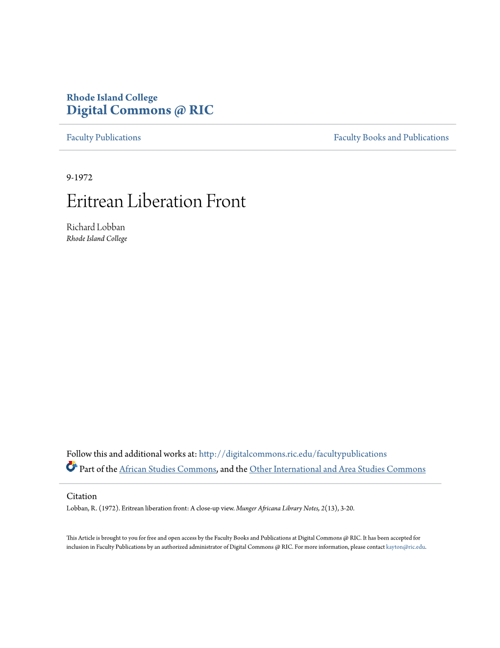 Eritrean Liberation Front Richard Lobban Rhode Island College