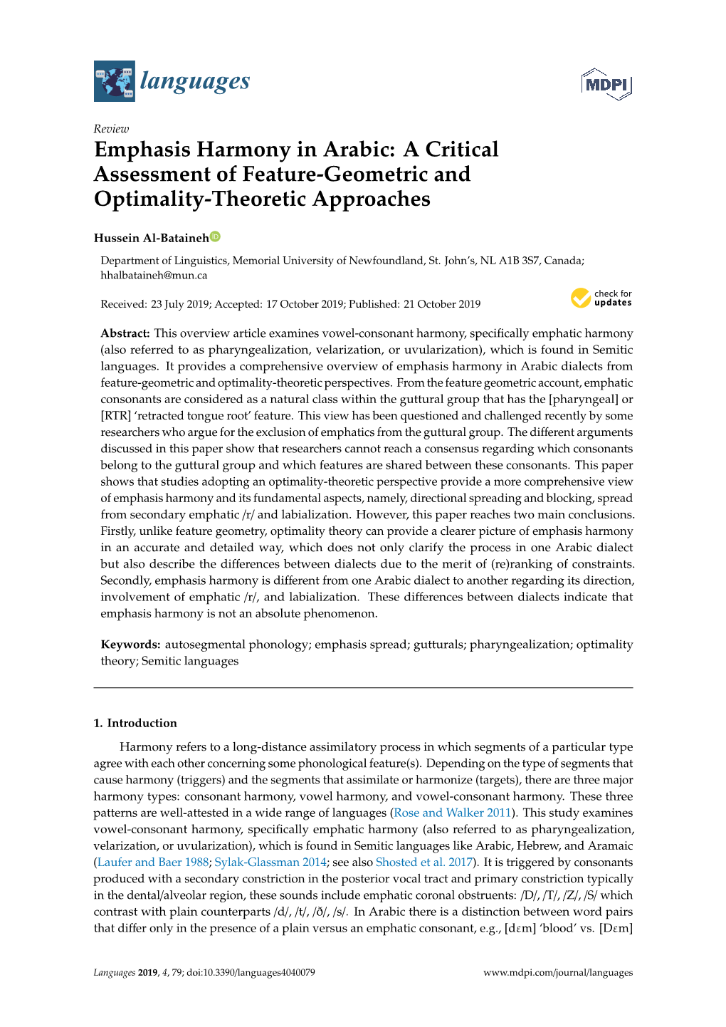 Emphasis Harmony in Arabic: a Critical Assessment of Feature-Geometric and Optimality-Theoretic Approaches