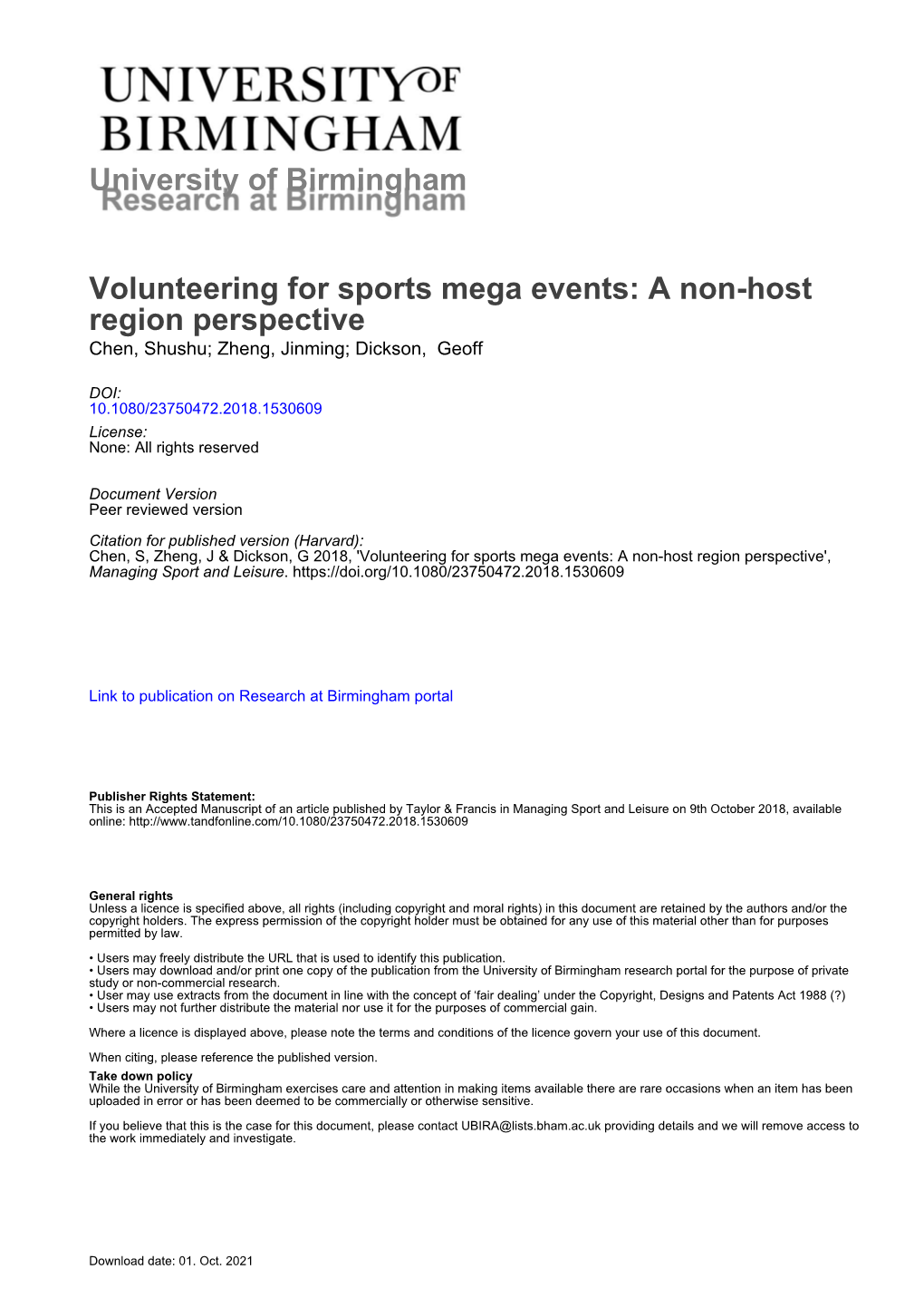 University of Birmingham Volunteering for Sports Mega Events