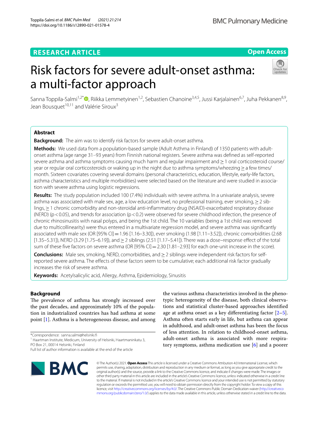 Risk Factors for Severe Adult-Onset Asthma