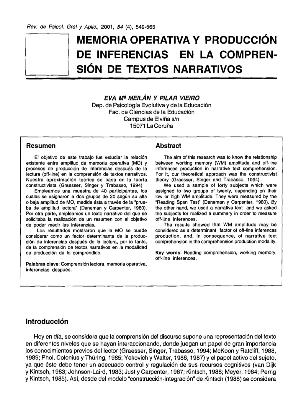 Memoria Operativa Y Produccion De Inferencias En La Compren Sion De