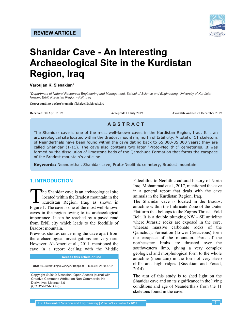 Shanidar Cave - an Interesting Archaeological Site in the Kurdistan Region, Iraq