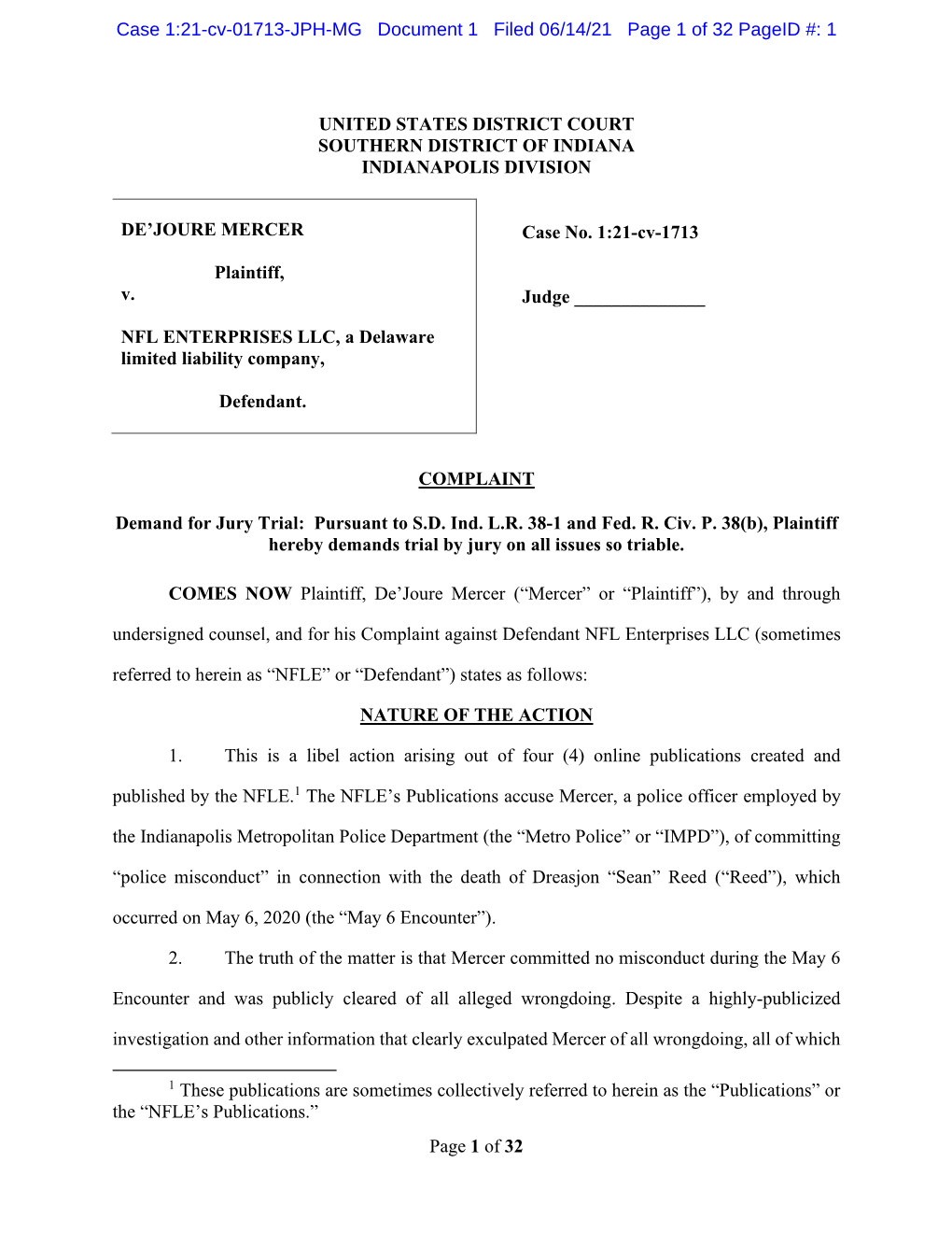 Page 1 of 32 UNITED STATES DISTRICT COURT SOUTHERN DISTRICT of INDIANA INDIANAPOLIS DIVISION DE'joure MERCER Plaintiff, V. N