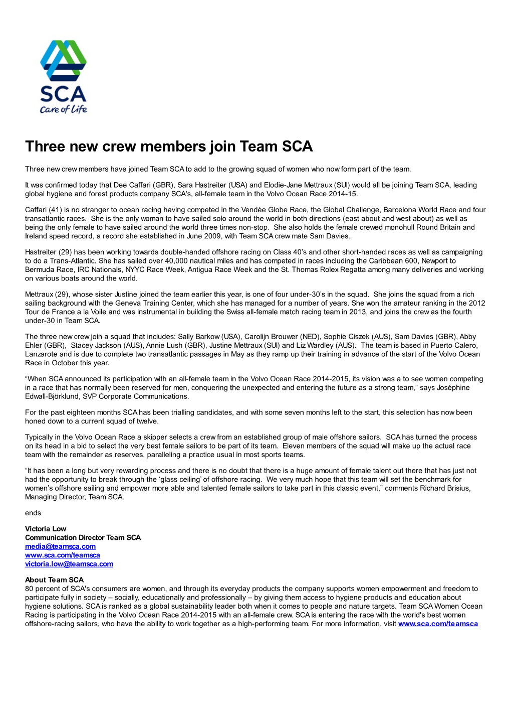 Three New Crew Members Join Team SCA