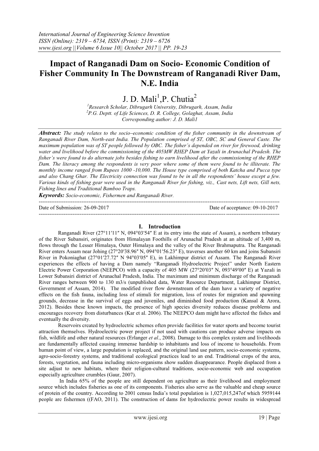 Impact of Ranganadi Dam on Socio- Economic Condition of Fisher Community in the Downstream of Ranganadi River Dam, N.E