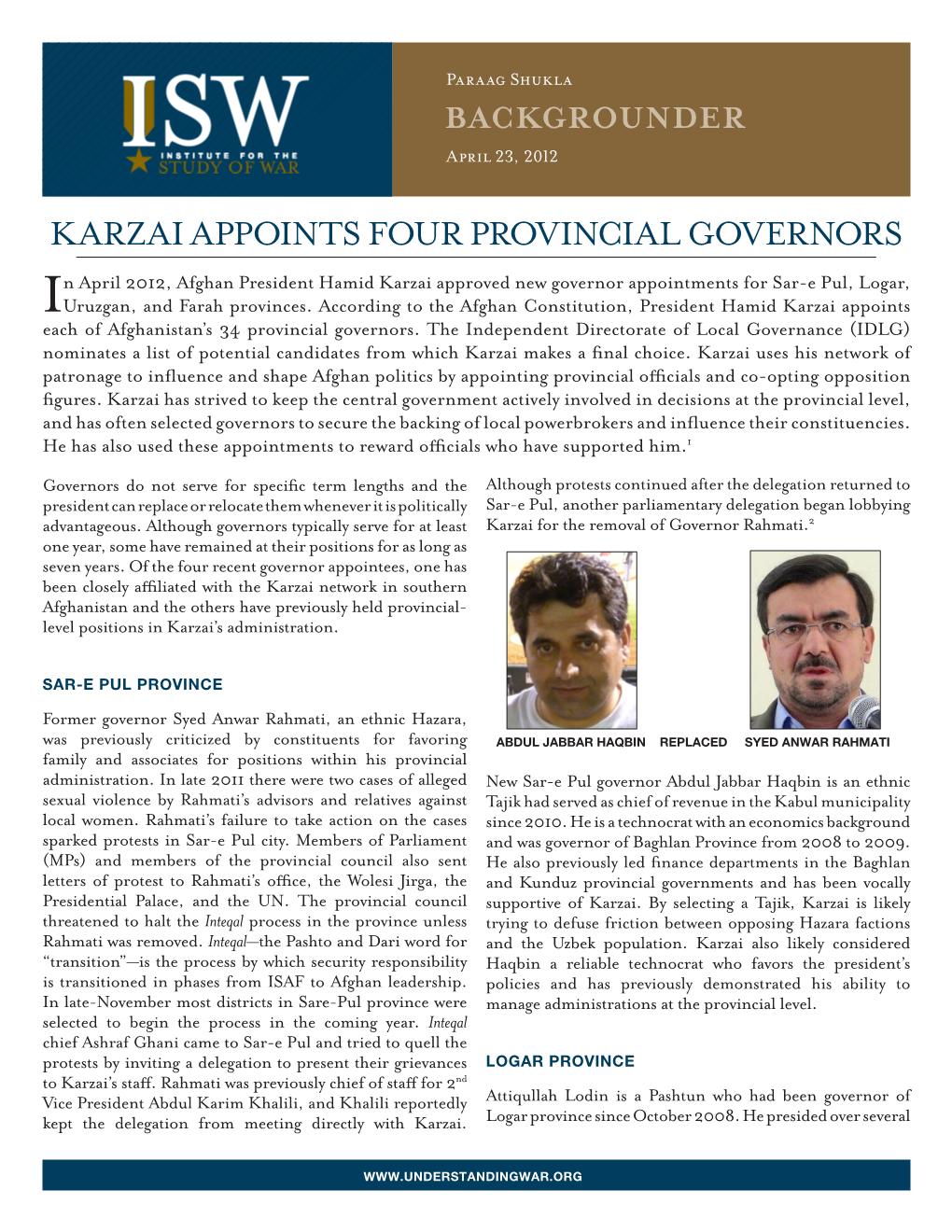 Backgrounder: Karzai Appoints Four Provincial Governors