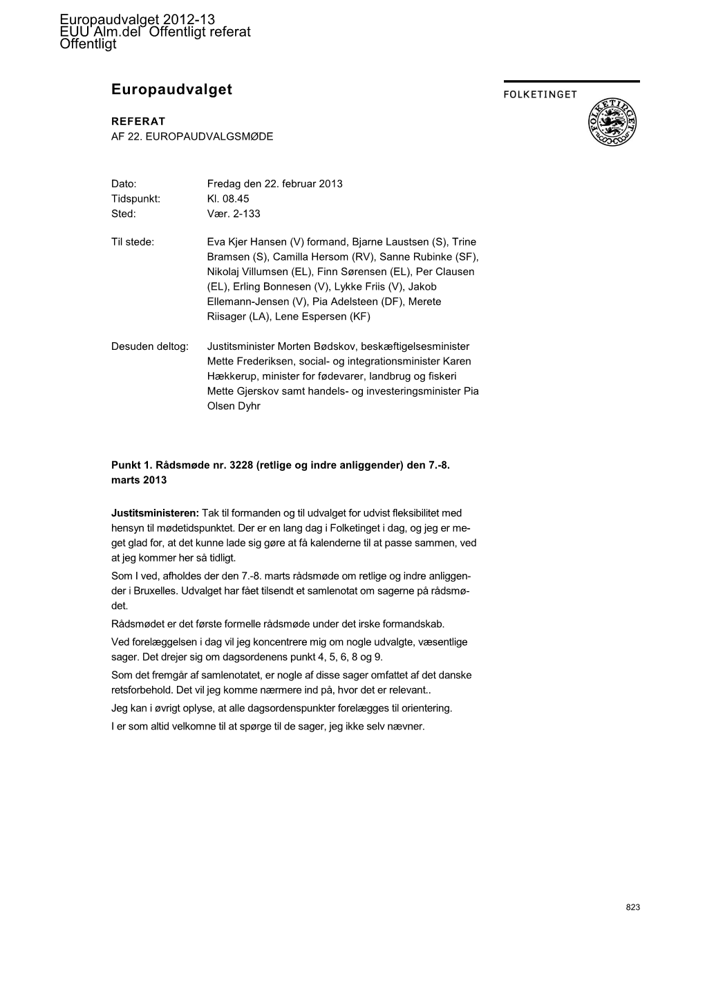 EUU Alm.Del Offentligt Referat : EUU Udvalgsmødereferat M 22, 22-2