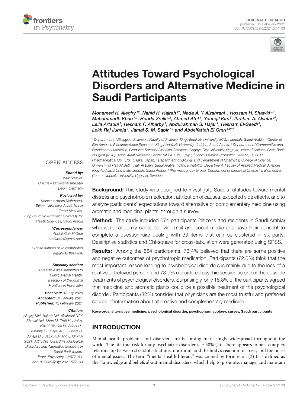 Attitudes Toward Psychological Disorders and Alternative Medicine in Saudi Participants