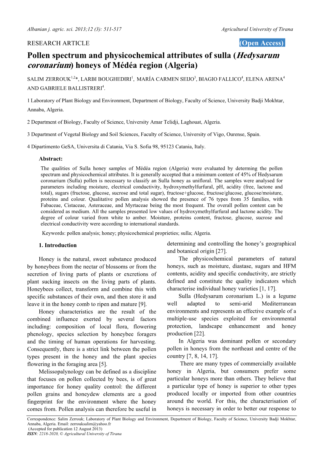 Pollen Spectrum and Physicochemical Attributes of Sulla (Hedysarum Coronarium) Honeys of Médéa Region (Algeria)