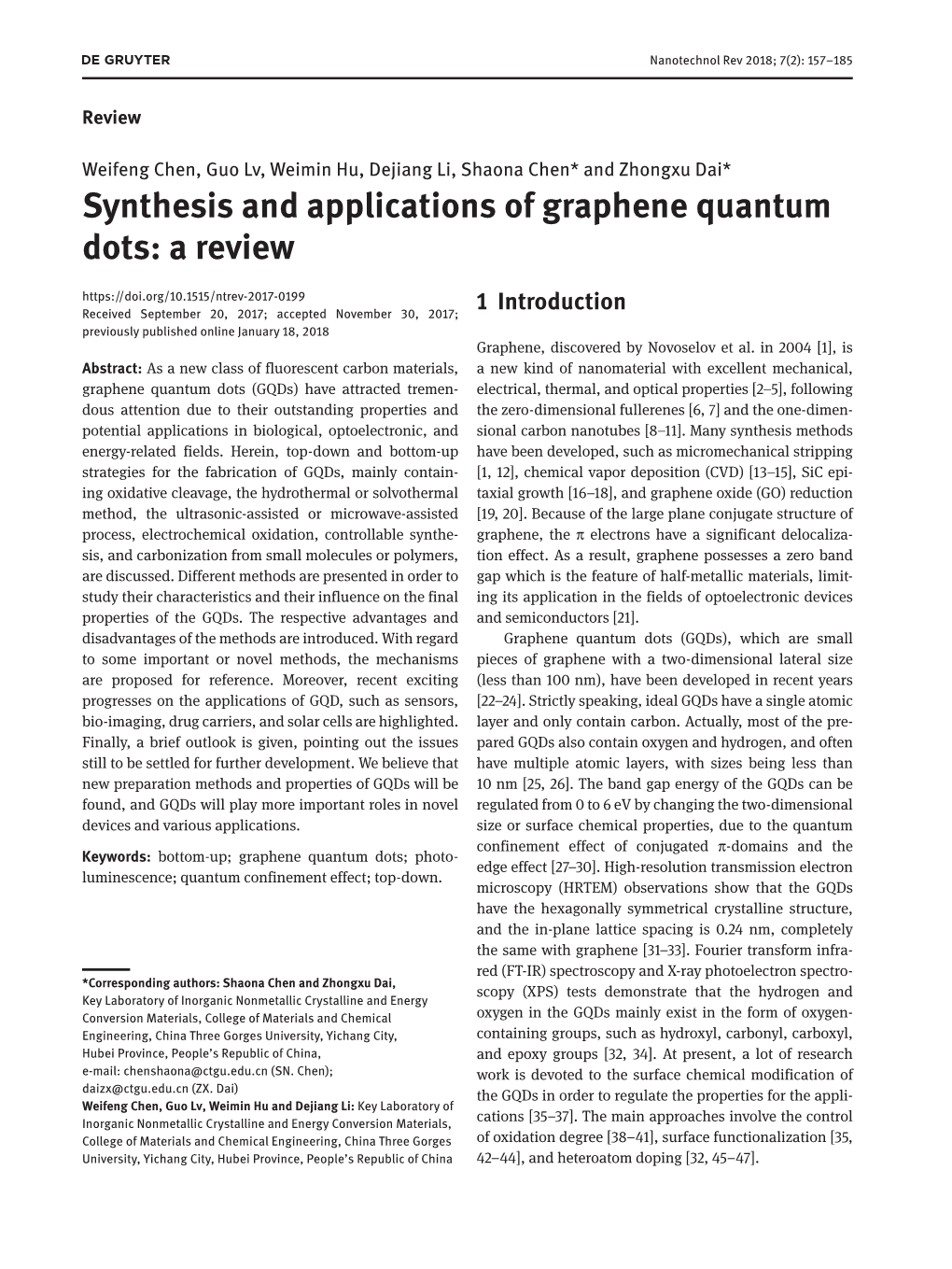 Synthesis and Applications of Graphene Quantum Dots: a Review