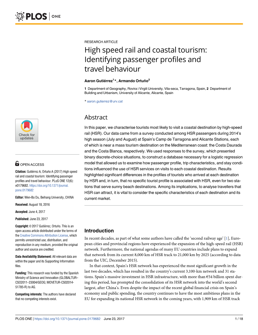 High Speed Rail and Coastal Tourism: Identifying Passenger Profiles and Travel Behaviour