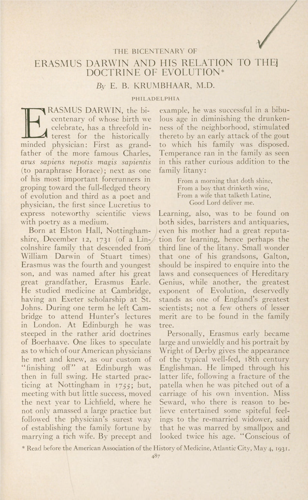 ERASMUS DARWIN and HIS RELATION to the DOCTRINE of EVOLUTION* by E