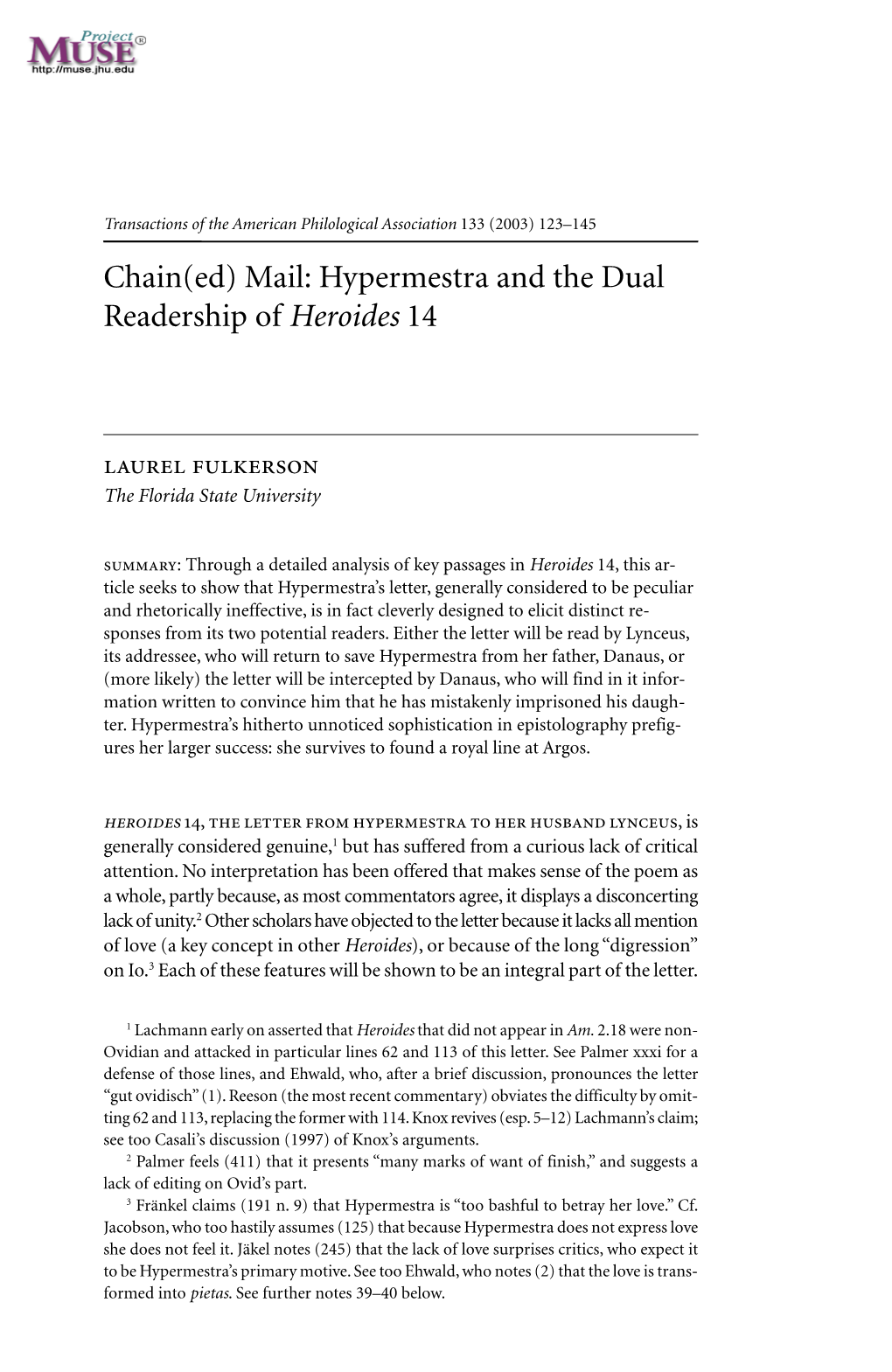 Chain(Ed) Mail: Hypermestra and the Dual Readership of Heroides 14