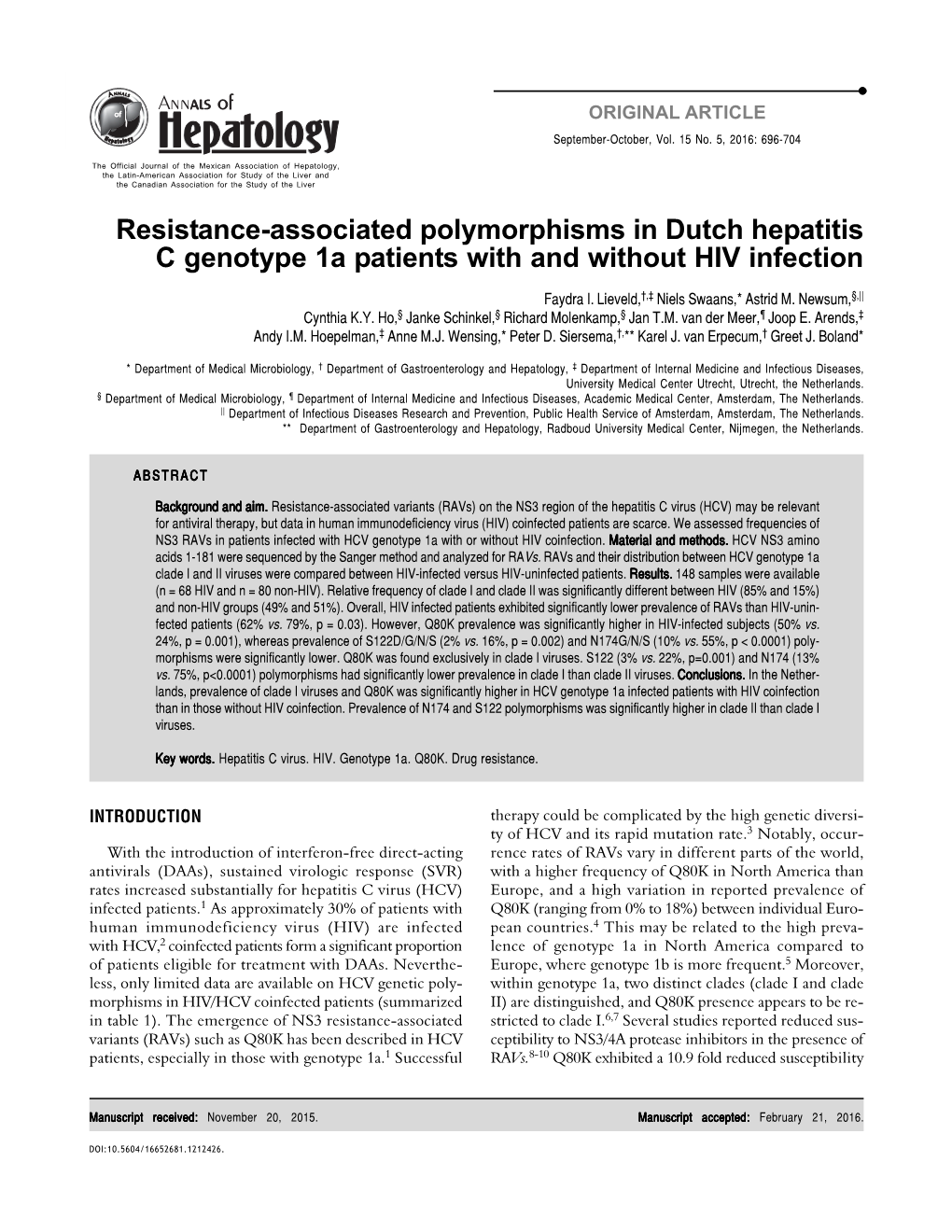 Resistance-Associated Polymorphisms in Dutch Hepatitis C Genotype 1A Patients with and Without HIV Infection