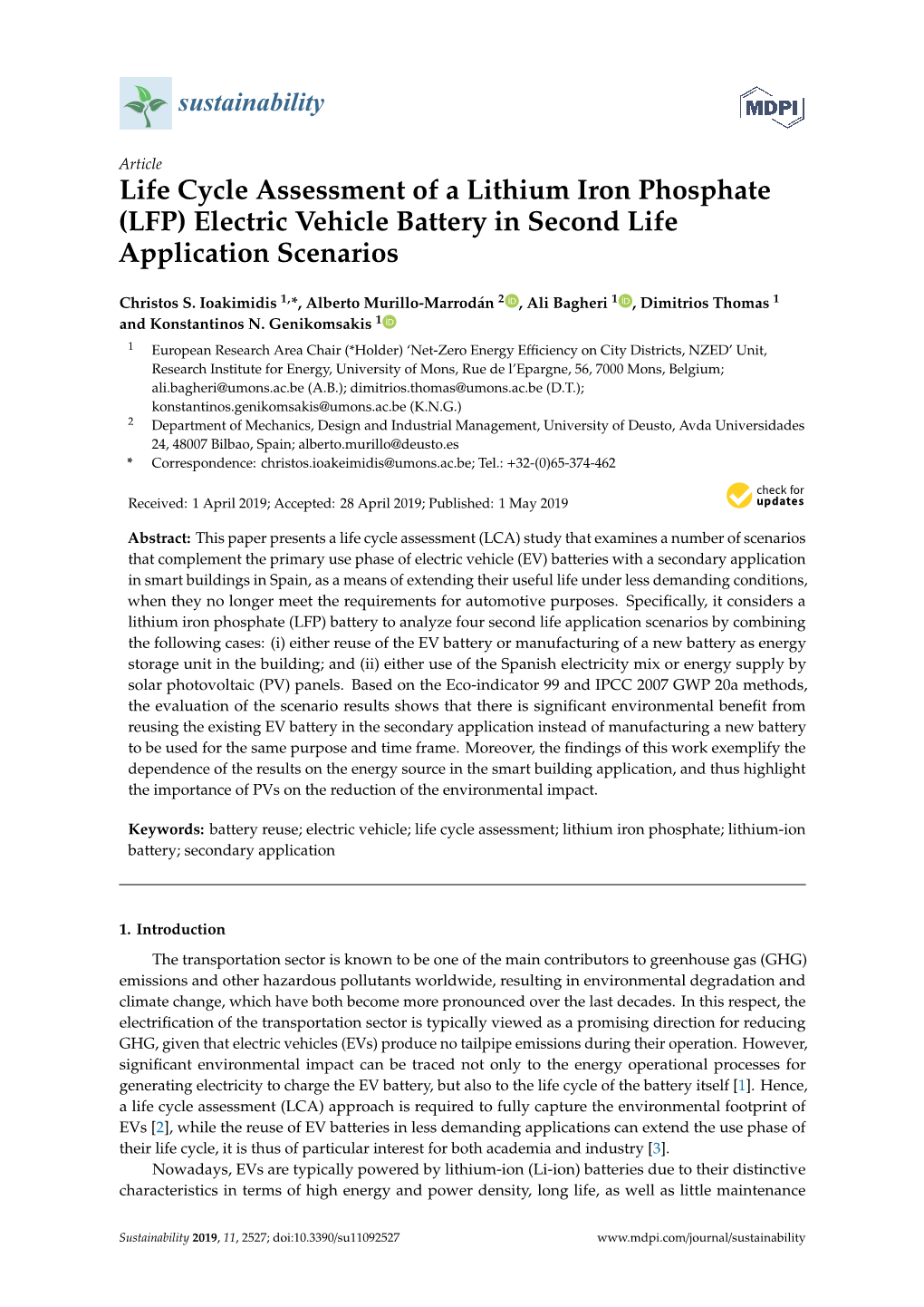 Life Cycle Assessment of a Lithium Iron Phosphate (LFP) Electric Vehicle Battery in Second Life Application Scenarios