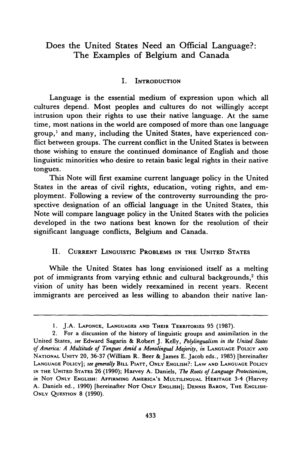 Does the United States Need an Official Language?: the Examples of Belgium and Canada