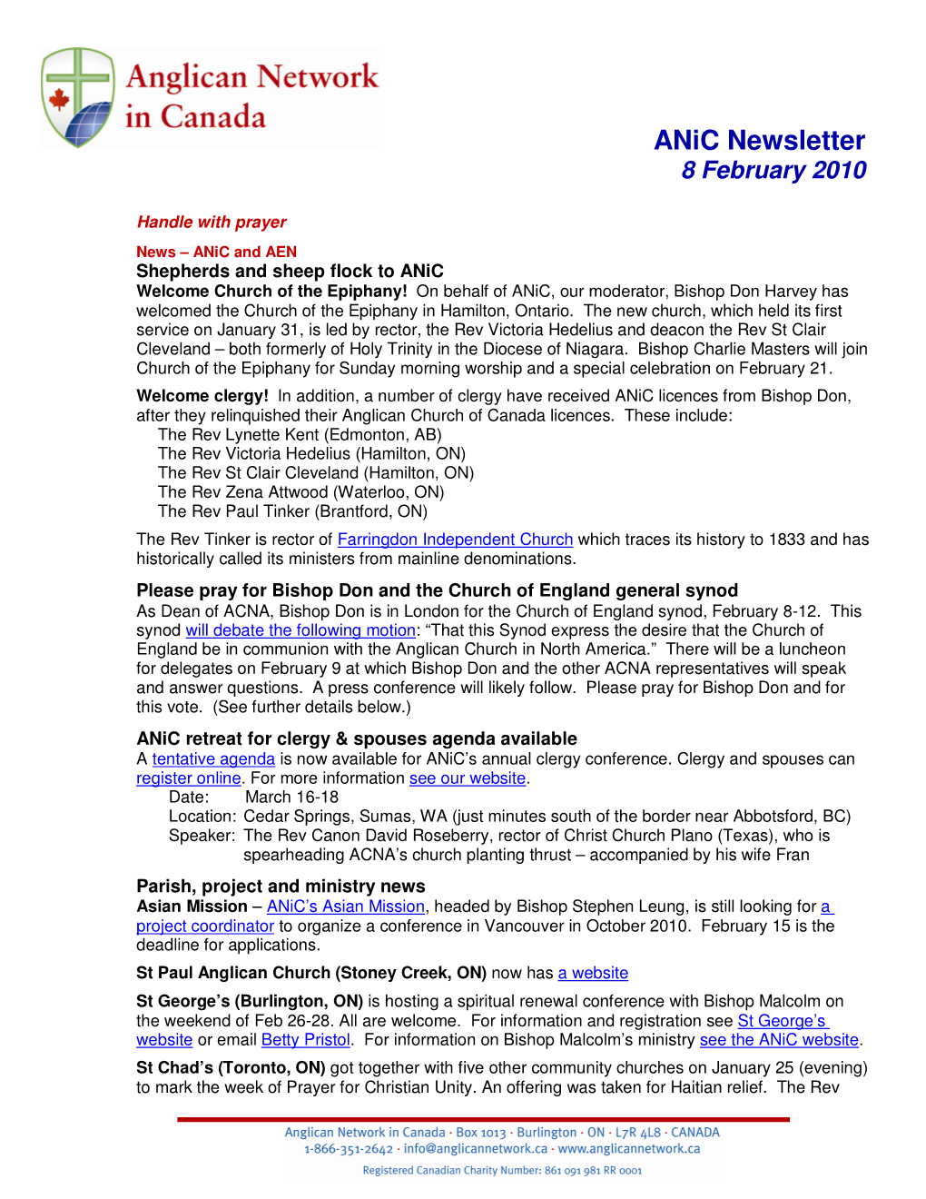 Anic Newsletter 8 February 2010