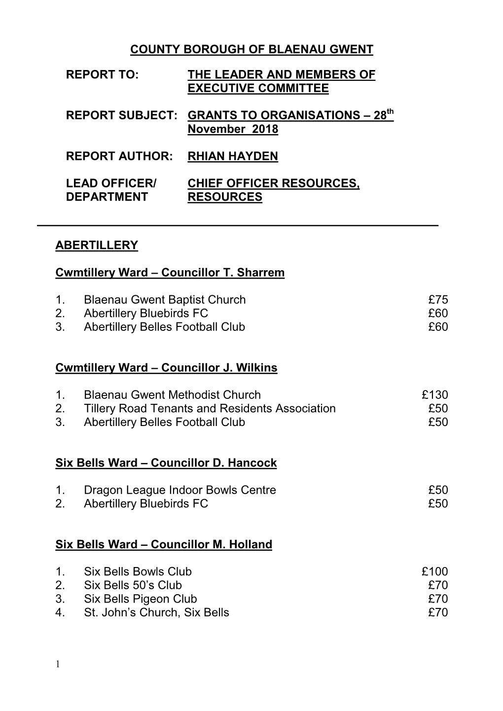 County Borough of Blaenau Gwent Report To: the Leader and Members of Executive Committee Report Subject: Grants to Organisat