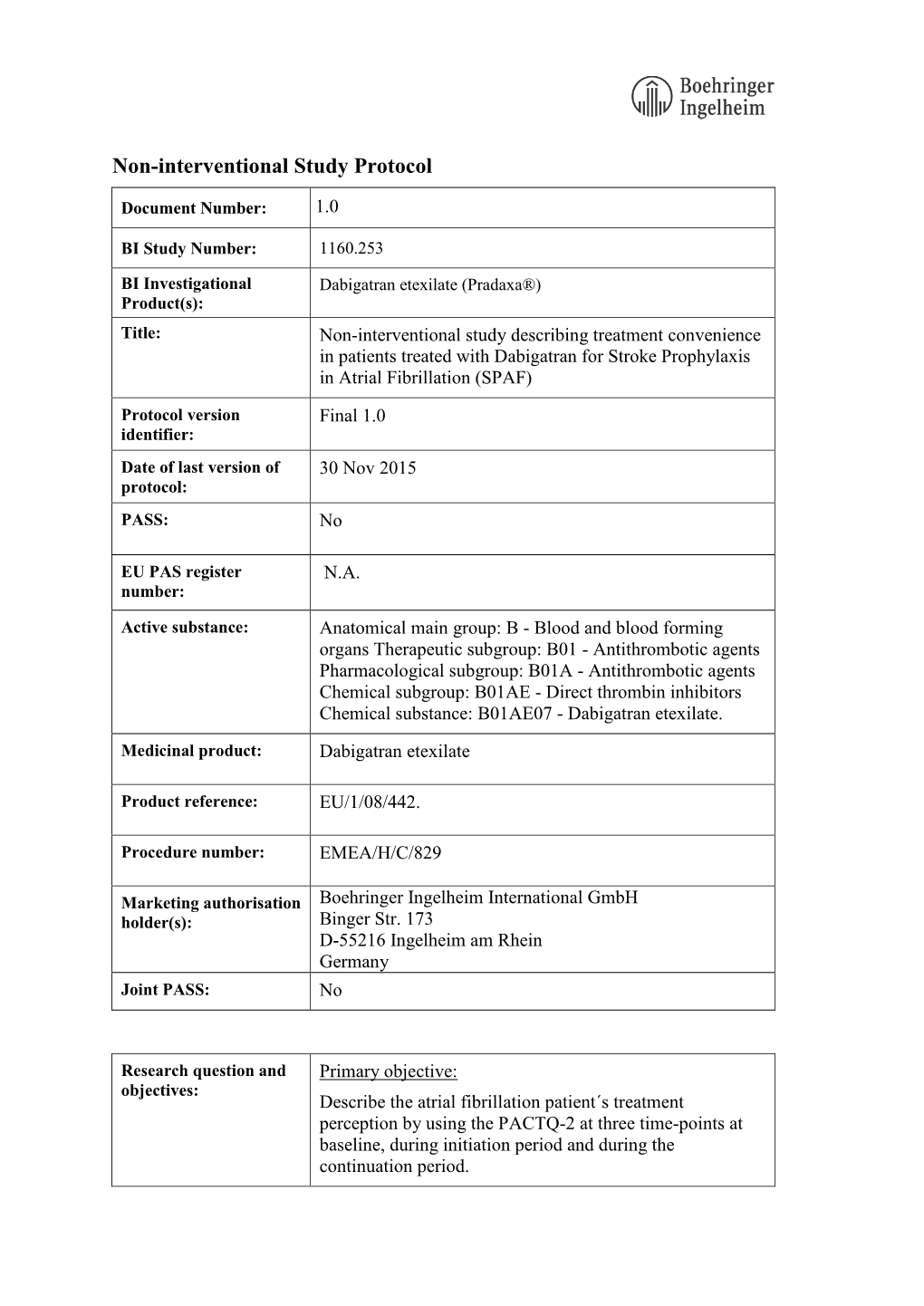 Non-Interventional Study Protocol