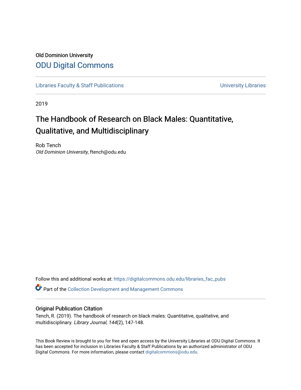 The Handbook of Research on Black Males: Quantitative, Qualitative, and Multidisciplinary