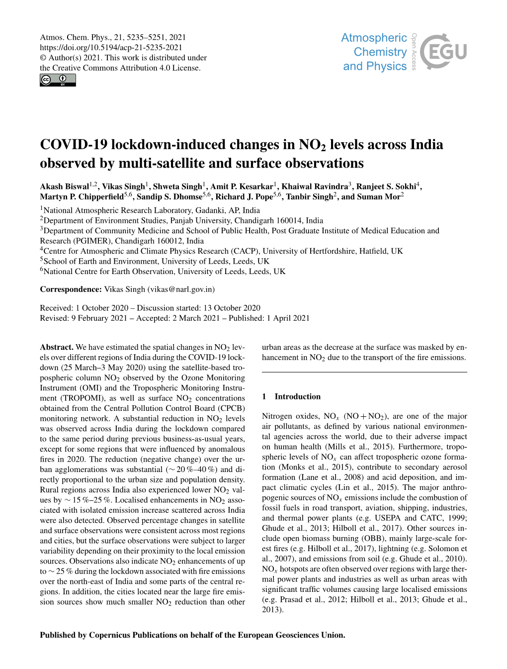 COVID-19 Lockdown-Induced Changes in NO2 Levels Across India Observed by Multi-Satellite and Surface Observations