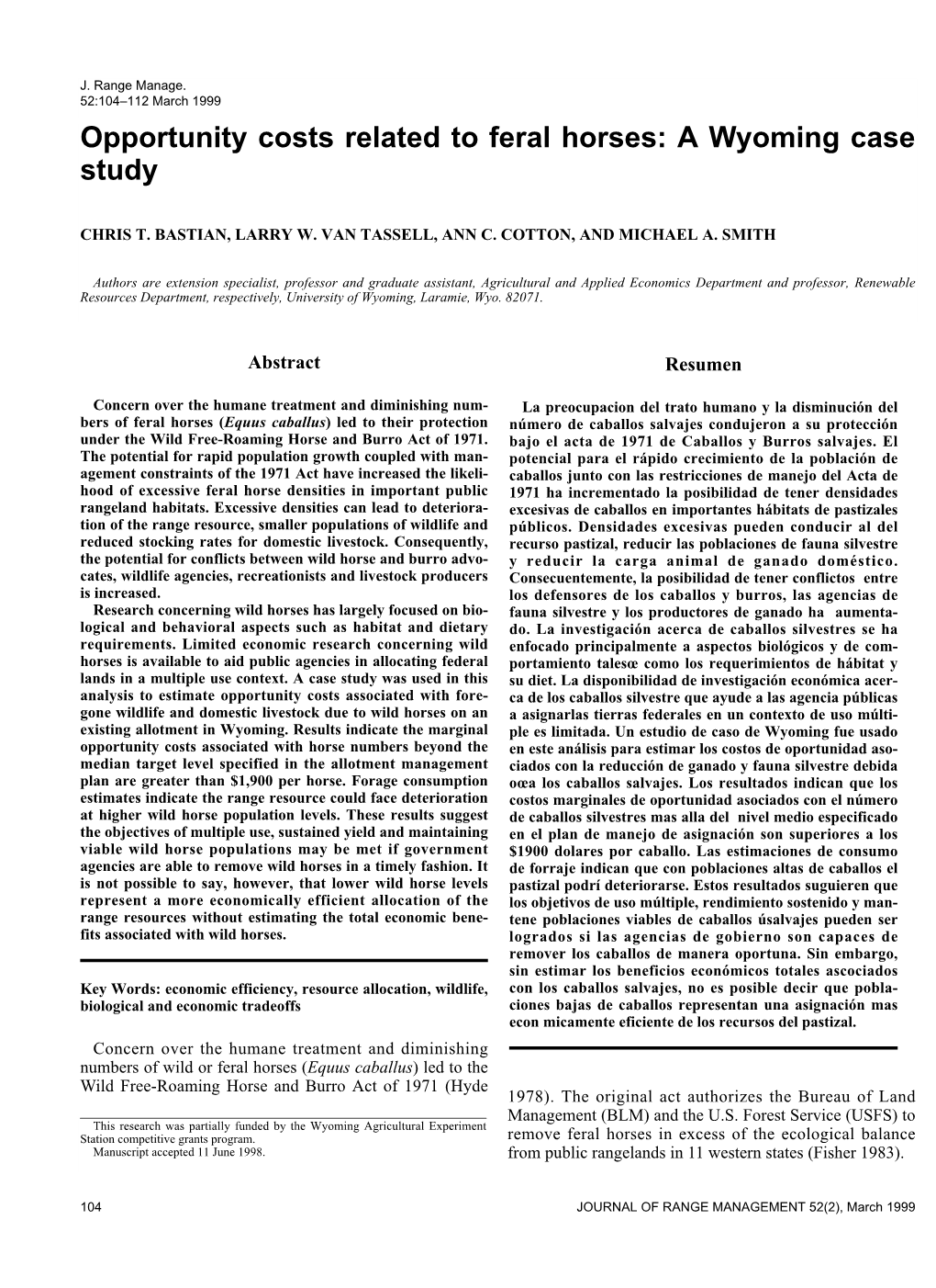 Opportunity Costs Related to Feral Horses: a Wyoming Case Study