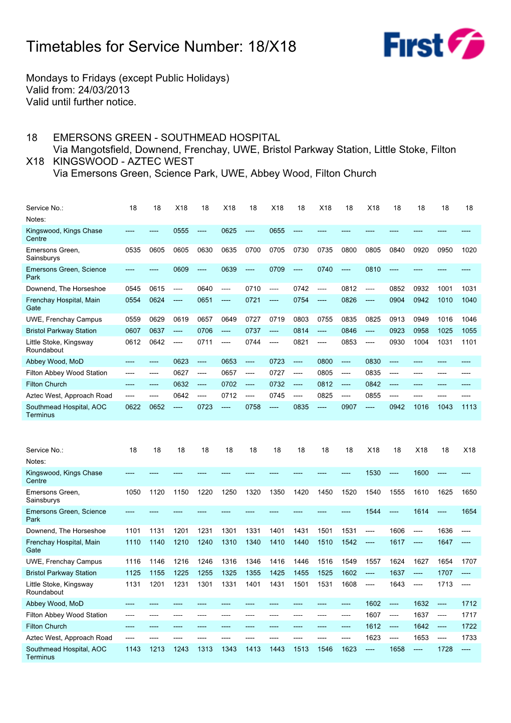 Timetables for Service Number: 18/X18