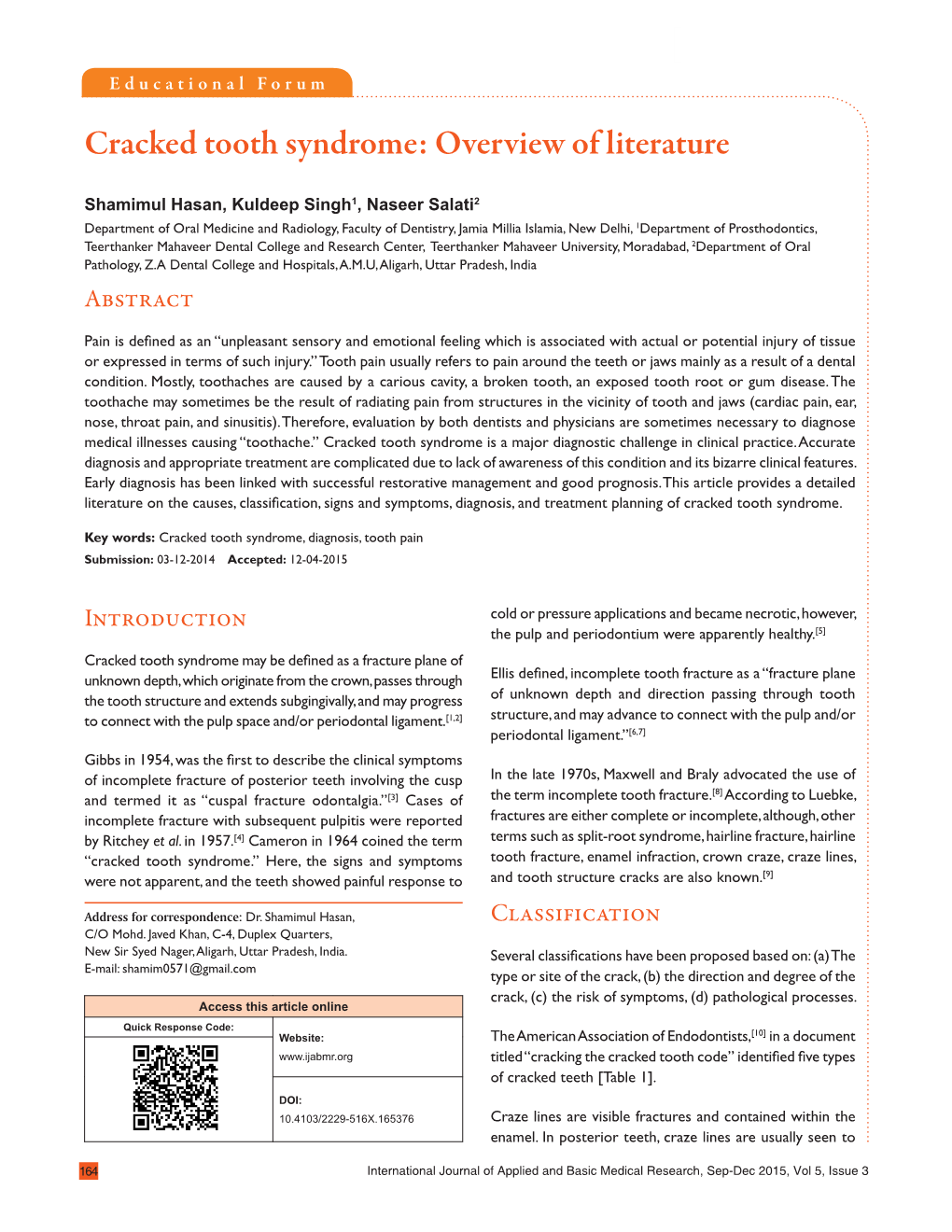 Cracked Tooth Syndrome: Overview of Literature