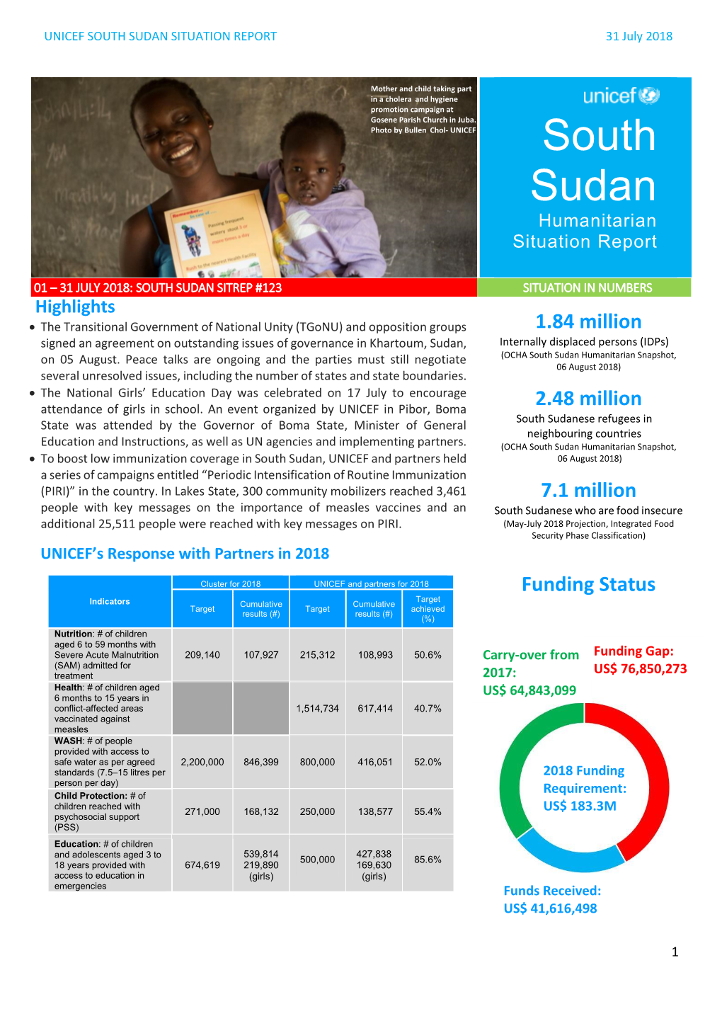 UNICEF South Sudan Humanitarian Sitrep