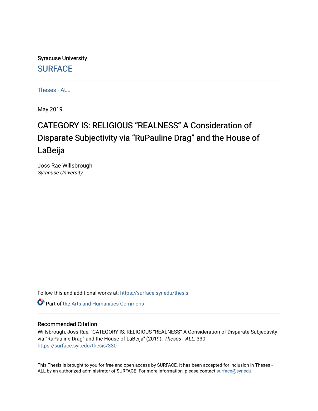 RELIGIOUS “REALNESS” a Consideration of Disparate Subjectivity Via “Rupauline Drag” and the House of Labeija