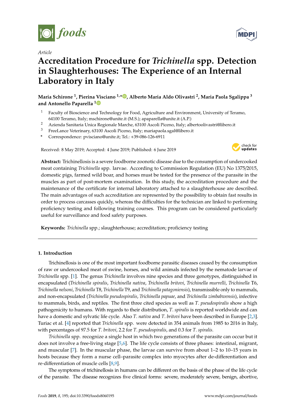 Accreditation Procedure for Trichinella Spp. Detection in Slaughterhouses: the Experience of an Internal Laboratory in Italy