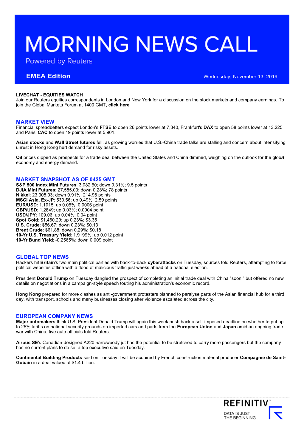 Market View Market Snapshot As of 0425 Gmt Global Top