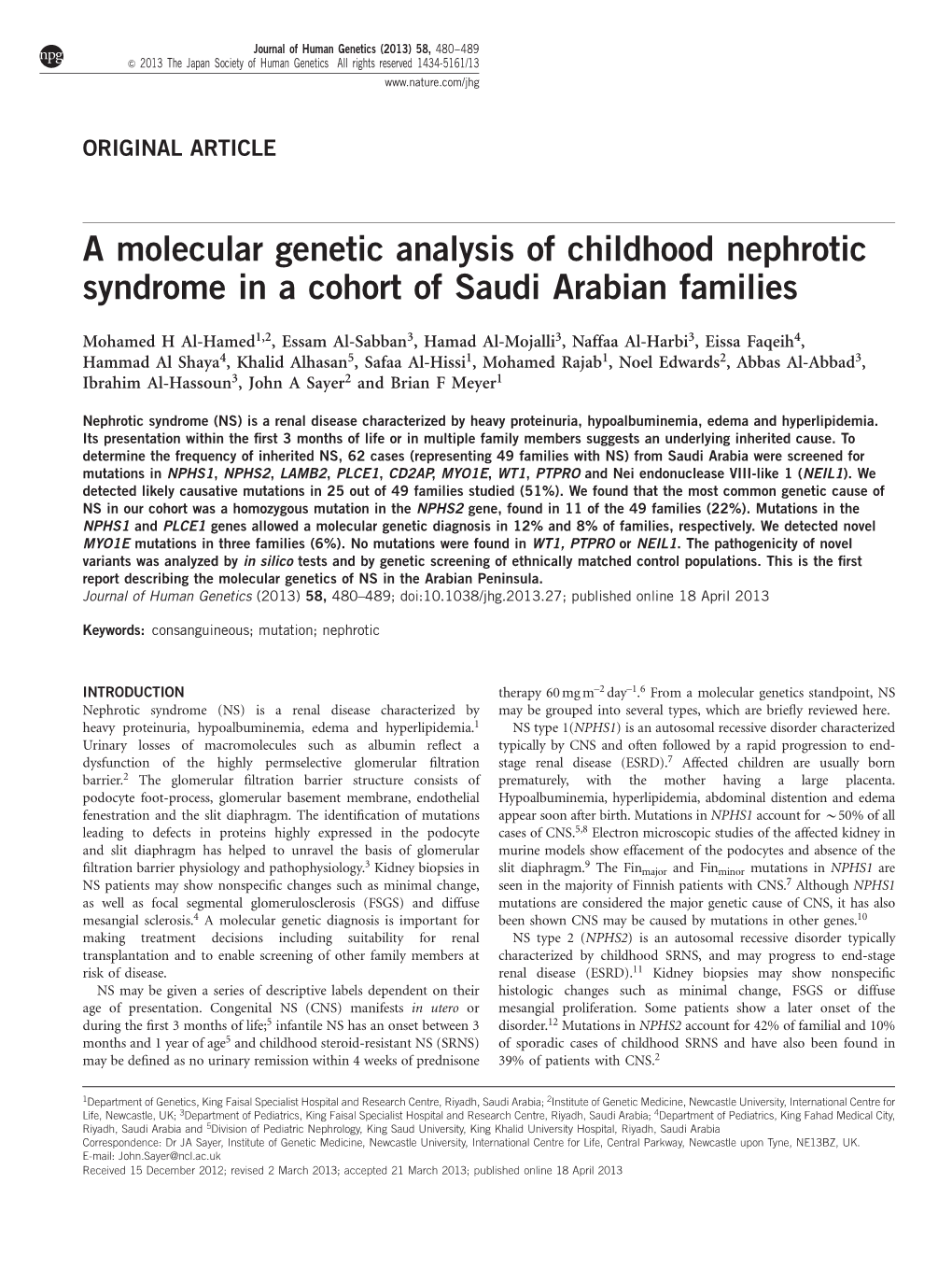 A Molecular Genetic Analysis of Childhood Nephrotic Syndrome in a Cohort of Saudi Arabian Families