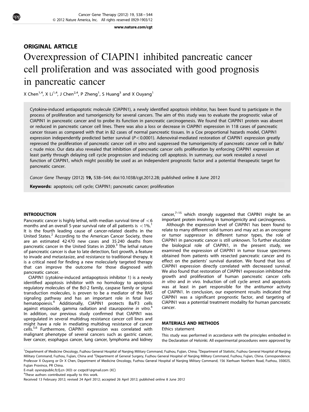 Overexpression of CIAPIN1 Inhibited Pancreatic Cancer Cell Proliferation and Was Associated with Good Prognosis in Pancreatic Cancer