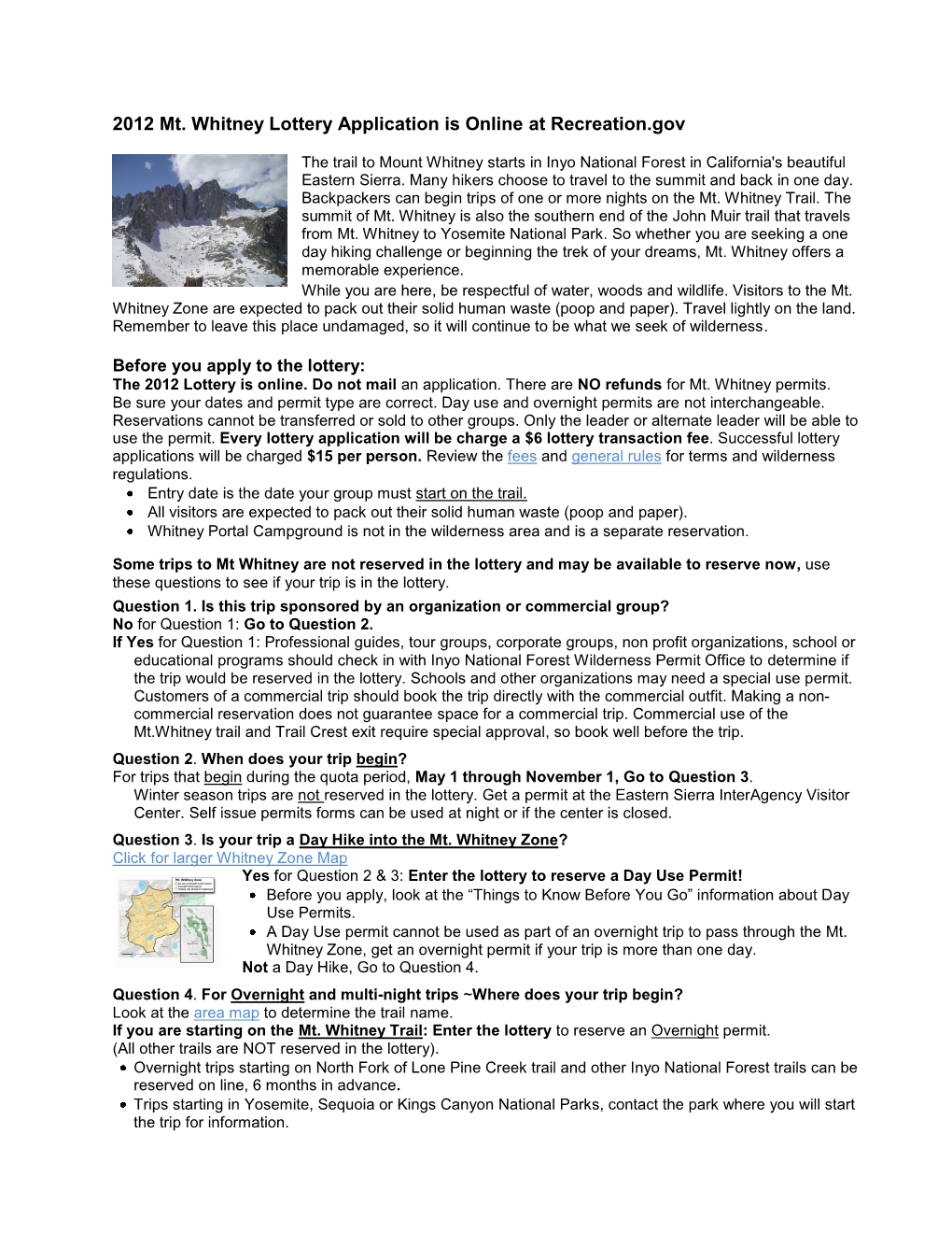 2012 Mt. Whitney Lottery Application Is Online at Recreation.Gov