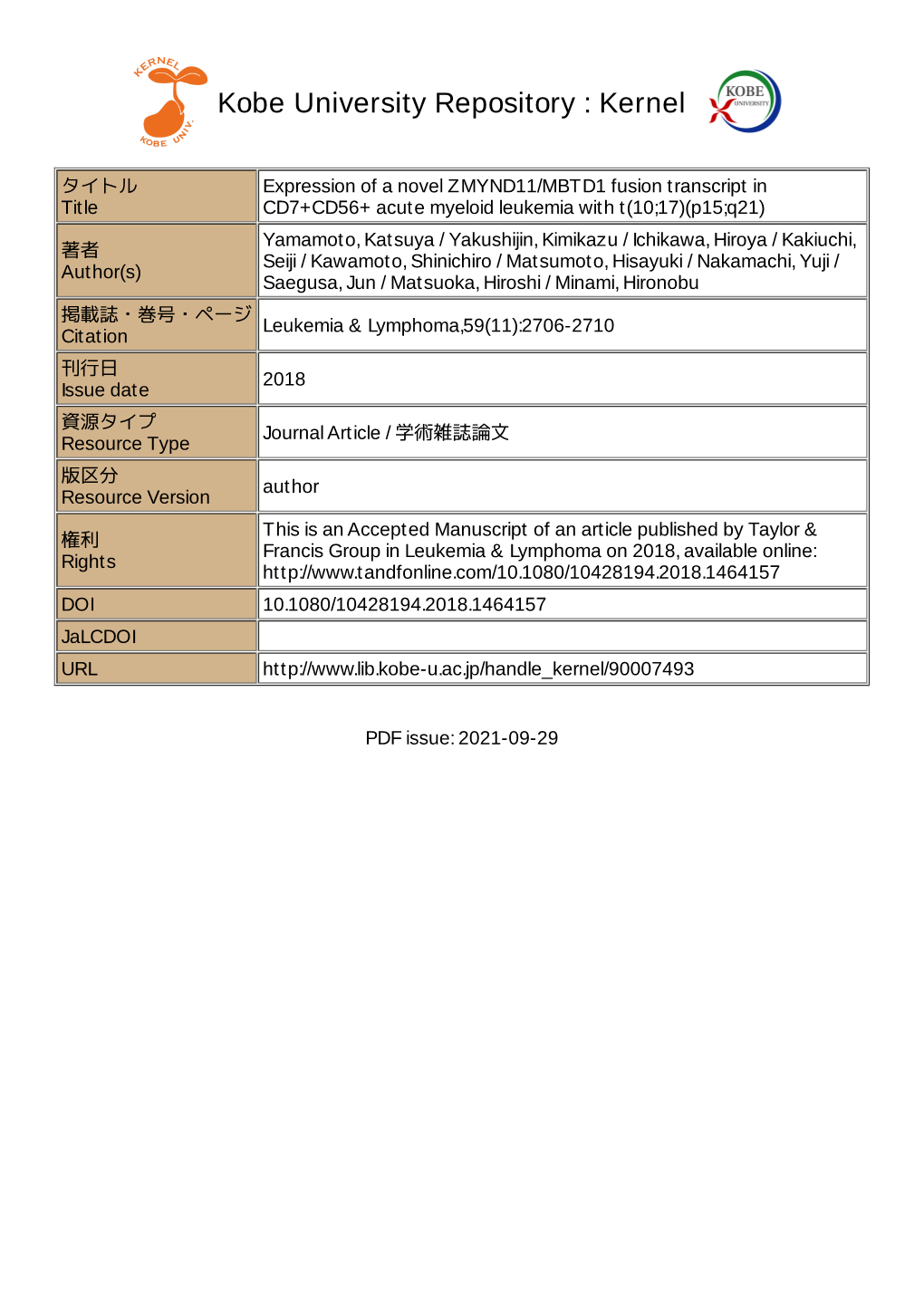 Expression of a Novel ZMYND11/MBTD1 Fusion Transcript