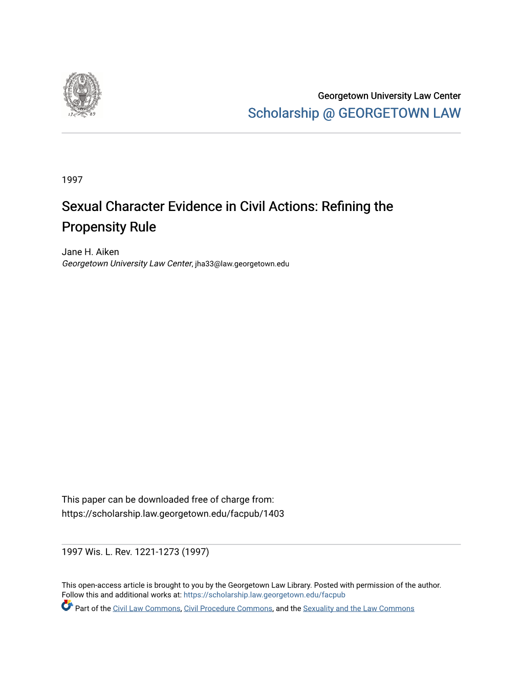 Sexual Character Evidence in Civil Actions: Refining the Propensity Rule