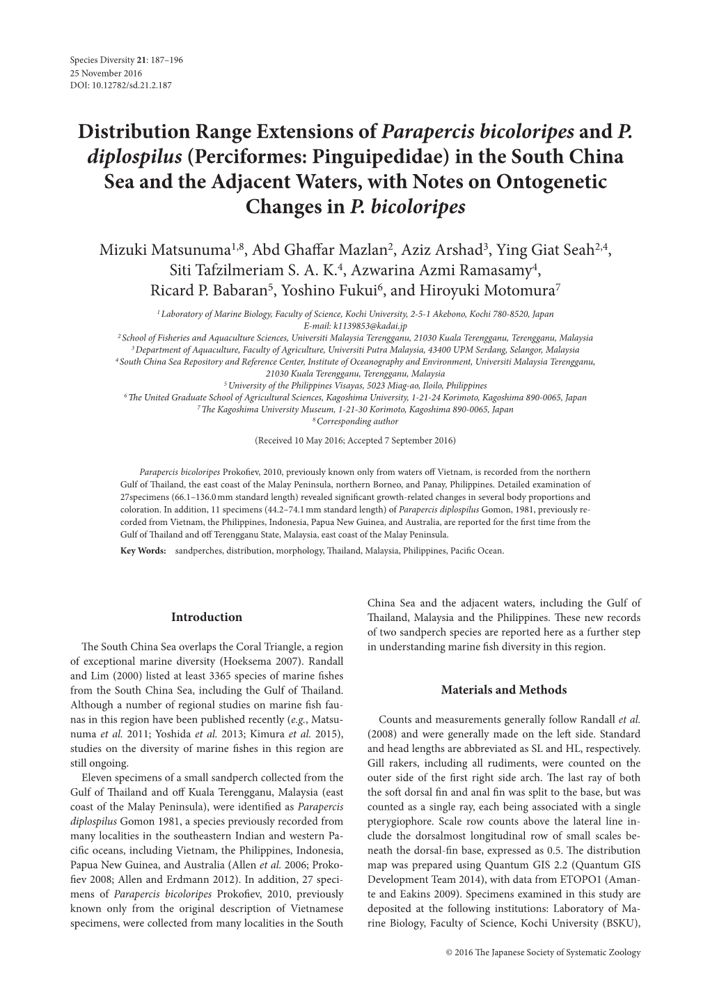 Distribution Range Extensions of Parapercis Bicoloripes and P