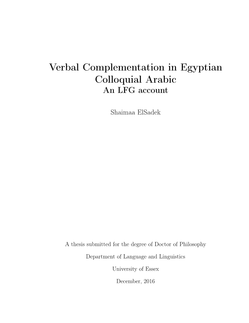 Verbal Complementation in Egyptian Colloquial Arabic an LFG Account