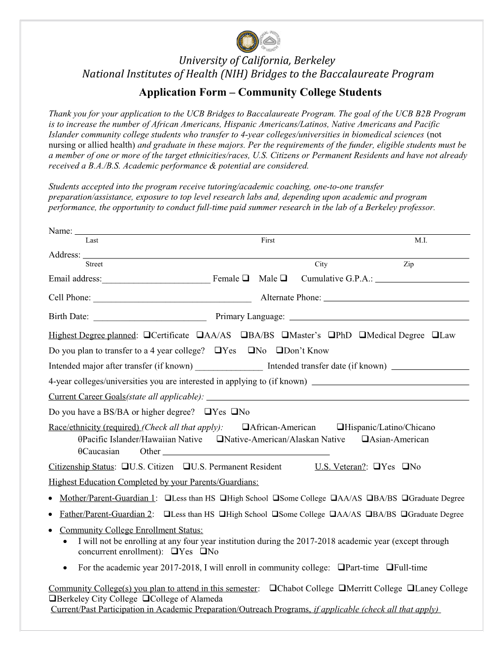 Application Form Community College Students