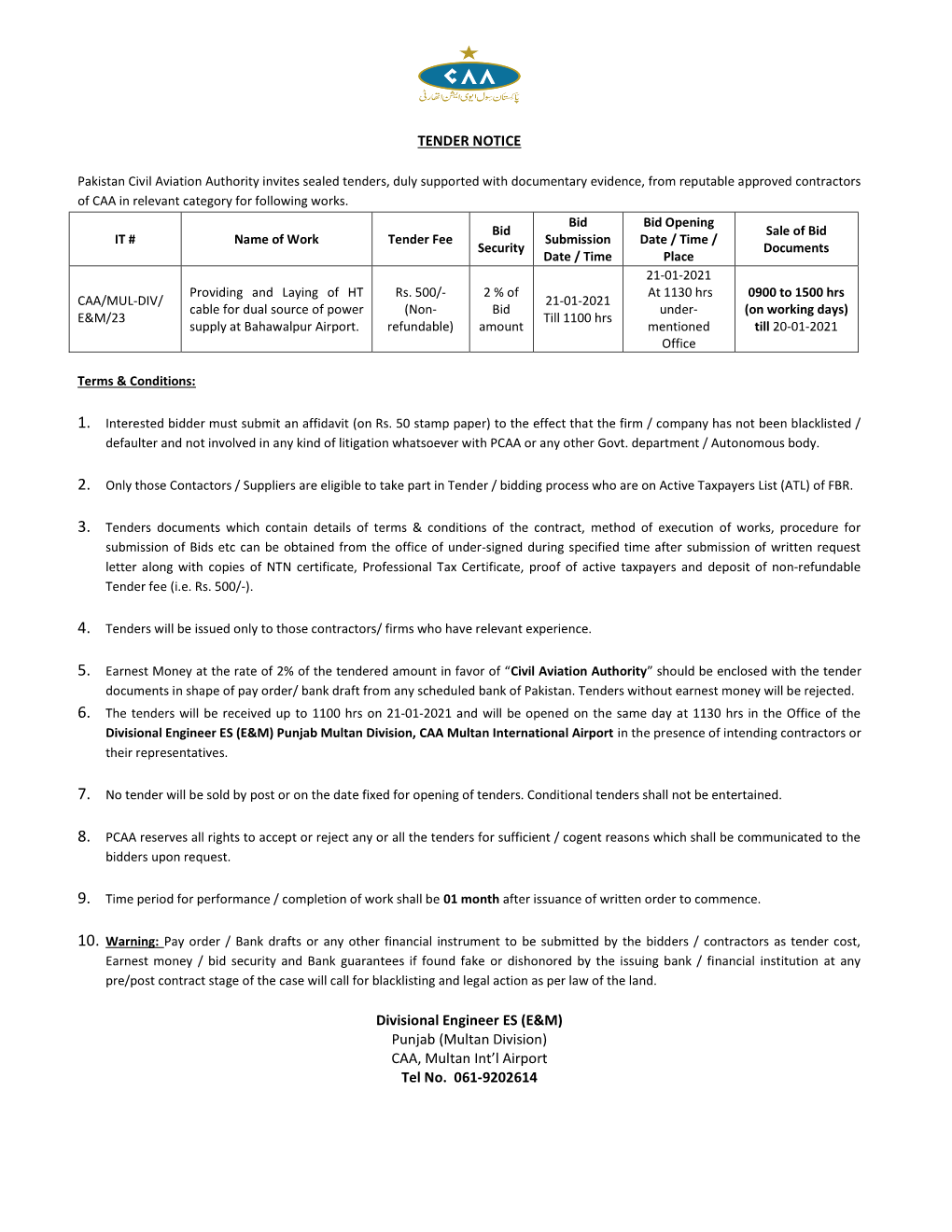 TENDER NOTICE Divisional Engineer ES (E&M) Punjab (Multan Division