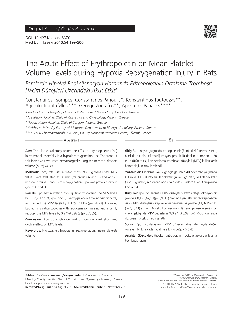 The Acute Effect of Erythropoietin on Mean Platelet Volume Levels