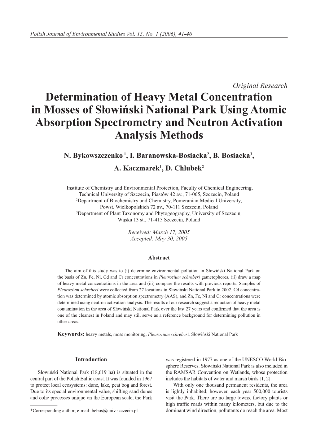 Determination of Heavy Metal Concentration in Mosses of Słowiński National Park Using Atomic Absorption Spectrometry and Neutron Activation Analysis Methods