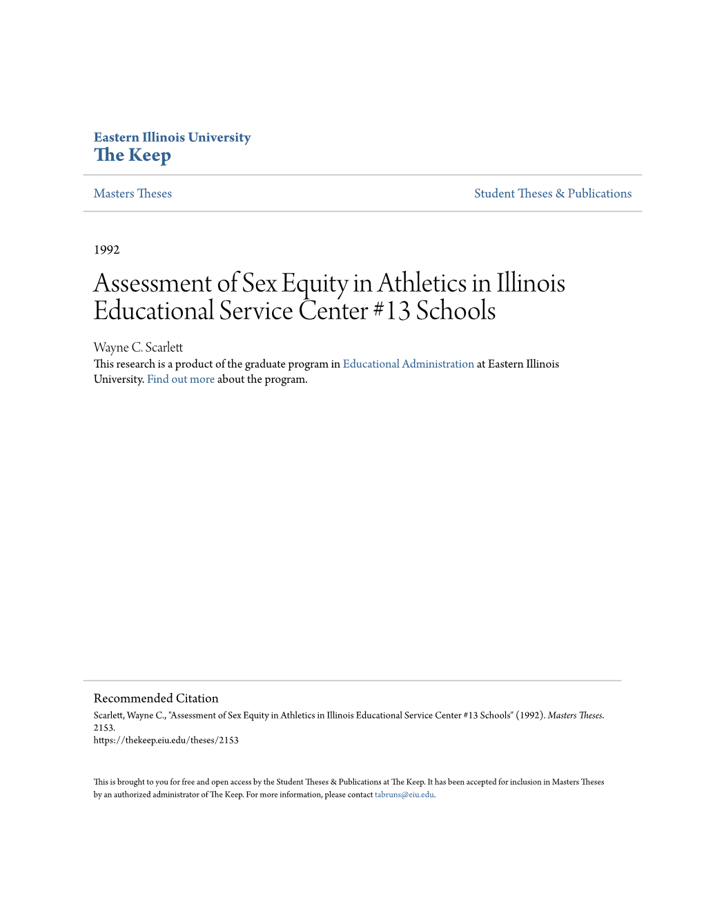 Assessment of Sex Equity in Athletics in Illinois Educational Service Center #13 Schools Wayne C