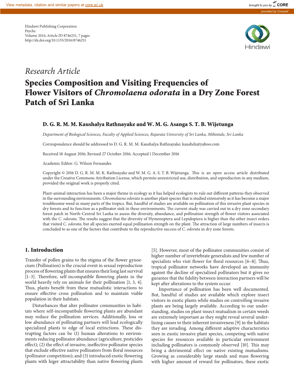 Research Article Species Composition and Visiting Frequencies of Flower Visitors of Chromolaena Odorata in a Dry Zone Forest Patch of Sri Lanka