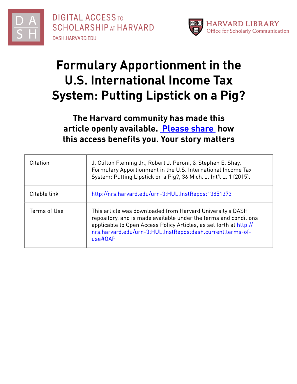 Formulary Apportionment in the US International Income Tax System